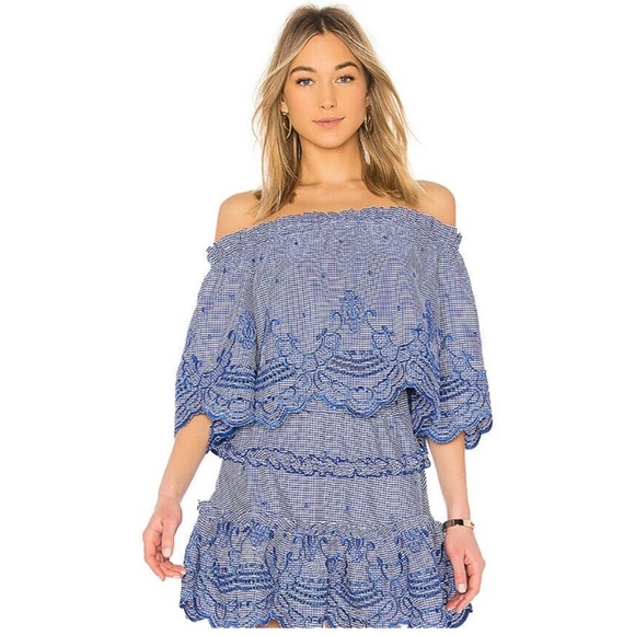 ALEXIS Blue/White Gingham Off Shoulder Embroidered Eilis Top - Picture 1 of 5